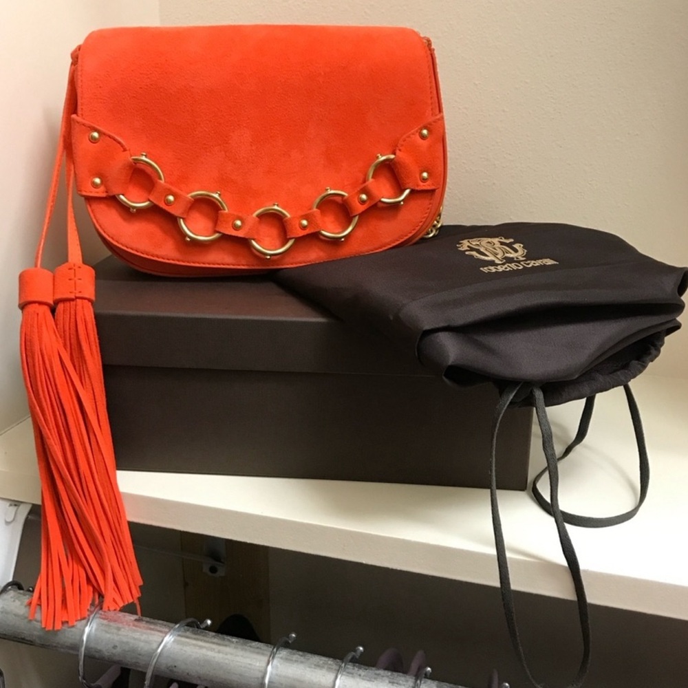 For Samara Only : Robert Cavalli Handbag Crossbody Orange Suede with Bronze/Gold